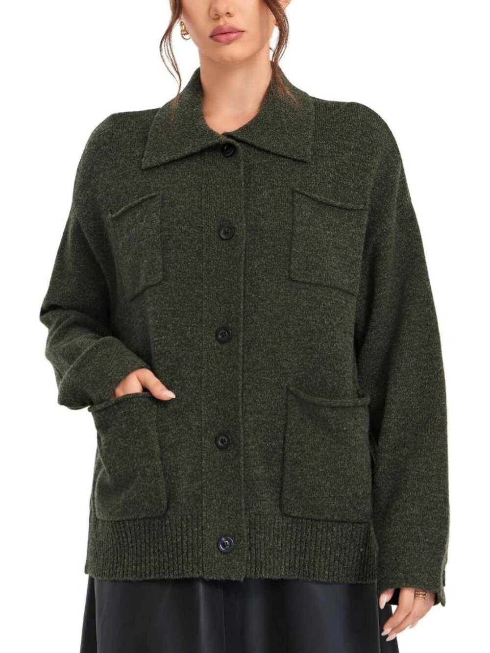 Cozy Wool Blend Cardigan with 4 Pockets, Stylish Button Front Shacket for Women